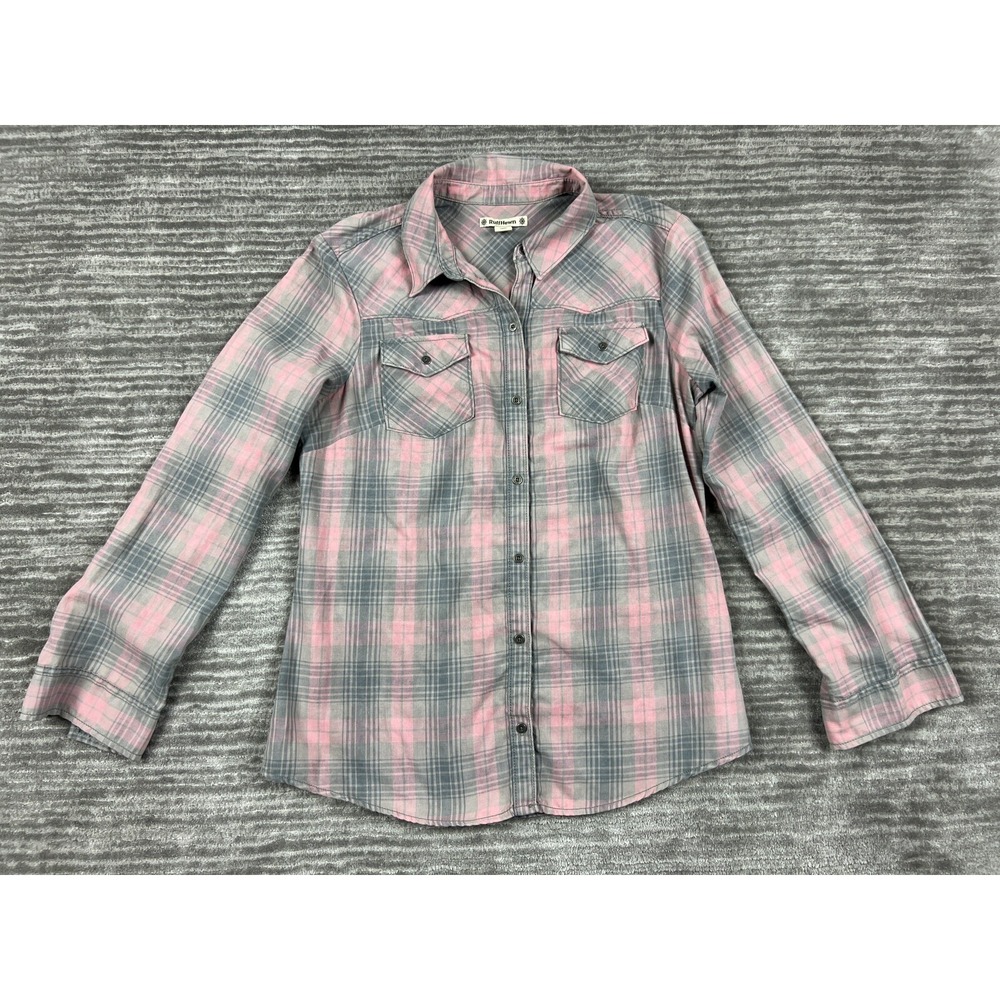 RuffHewn Button Down Shirt Womens M Pink Gray Plaid Western Snap Pocket L/S